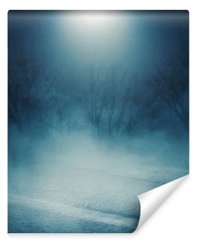Background scene of empty street. Night view of the river, night sky with clouds, silhouettes of trees, light reflected on water. Smoke fog