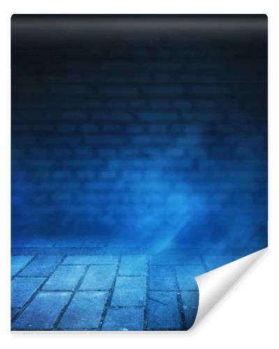 Empty scene background. Background of blurred old brick wall, neon spotlight, fog