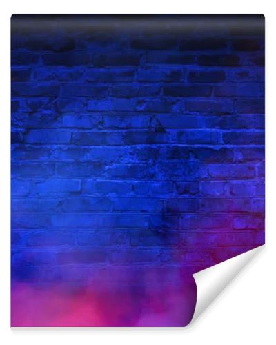 Brick wall, neon light, smoke. Empty dark background with smoke, multicolored smoke.