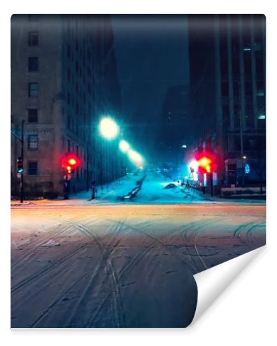 Horizontal shot of an illuminated crossroad in downtown Montreal, Canada during the night