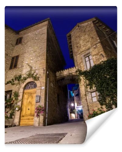 Little square of a small ancient Italian town, with brick houses, a wooden door and green and flowering plants. Journey to Tuscany and Umbria