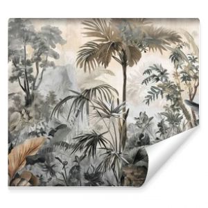 Watercolor pattern wallpaper. Painting of a jungle landscape.