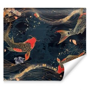 Modern illustration with Sakura flower, ocean wave, and koi carp fish in Oriental style. Japanese illustration with golden texture. Modern illustration with Sakura flower, ocean wave, and koi carp