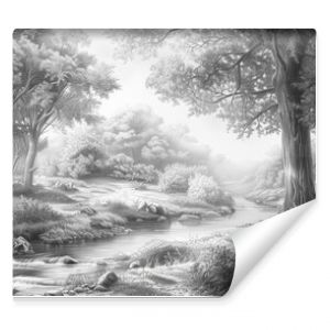 A beautiful pencil drawing of a forest with a stream running through it