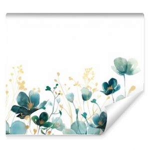 A beautiful watercolor illustration featuring abstract teal and gold flowers on a white background.