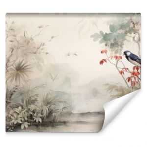 Watercolor pattern wallpaper. Painting of a jungle landscape with birds.