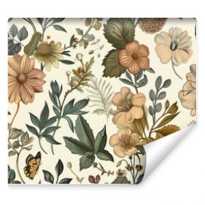 Seamless pattern background featuring a collection of vintage botanical illustrations with flowers and leaves in muted colors - Generative AI