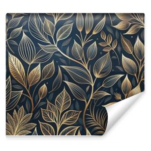 Elegant floral organic texture wallpaper illustration featuring intricate gold line art leaves on a dark, mysterious background with a seamless repeating pattern.