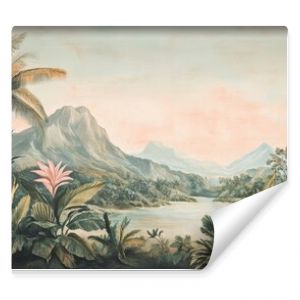 Watercolor painting of a green jungle landscape in retro or vintage style. Watercolor wallpaper pattern. Lush, green rainforest background.