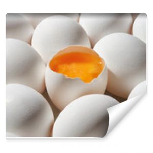 Row of white eggs and single broken egg with a yolk. White Eggs and Yellow Egg Yolk.Shallow depth of field