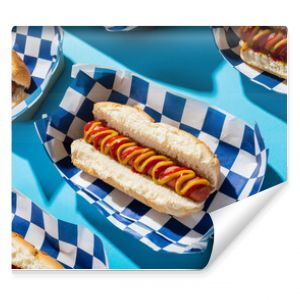 High angle close-up of hot dogs in containers arranged on blue background