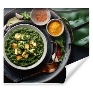 Palak Paneer indian traditional food with cheese and spinach on black background, view from above