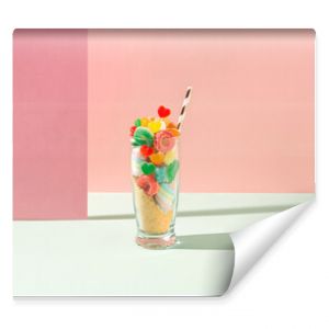 Minimal concept glass full of gummy candies, marshmallows, ground biscuits and straw. Party idea candy shake on pink and pastel green background.