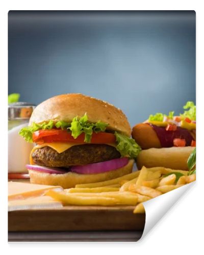 fast food hamburger, hot dog menu with burger, french fries, to