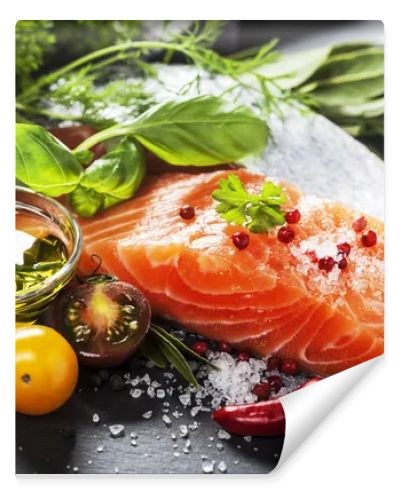 Delicious  portion of  fresh salmon fillet  with aromatic herbs,