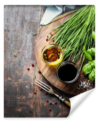 Herbs and spices on wooden board