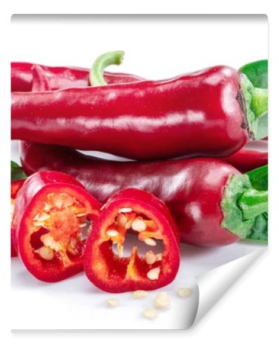 Fresh red chilli pepper and cross sections of chilli pepper with seeds isolated on white background.