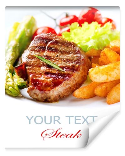 Grilled Beef Steak Meat with Fried Potato, Asparagus, Tomatoes