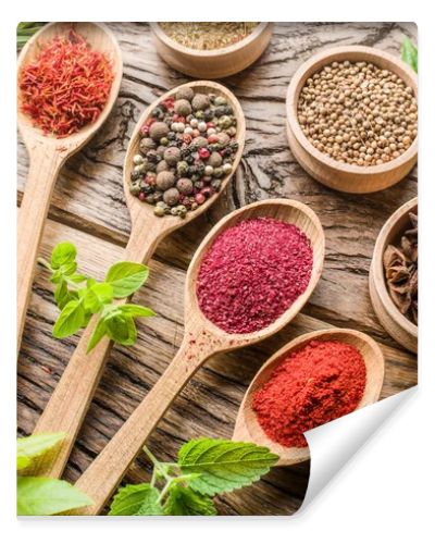 Assortment of colorful spices in the wooden spoons.