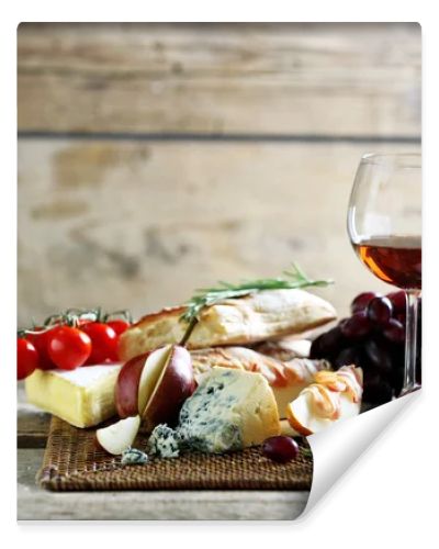 Still life with various types of Italian food and wine