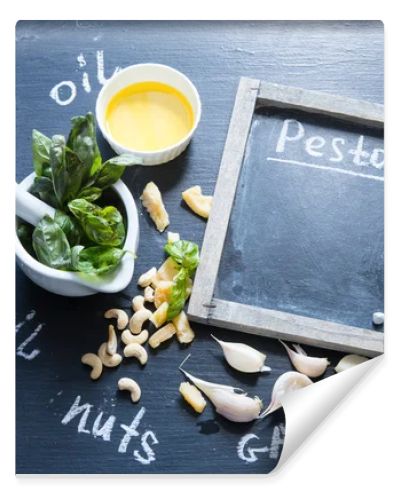 Pesto ingredients and blackboard