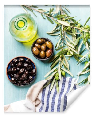 Two bowls with pickled green and black olives