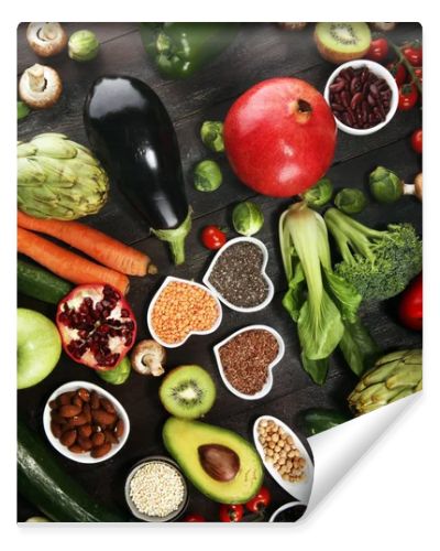 Healthy food clean eating selection. fruit, vegetable, seeds, superfood, cereals, leaf vegetable. veggie or vegan food