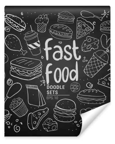Hand drawn sketch of fast food with lettering. Doodle set, vector illustration.