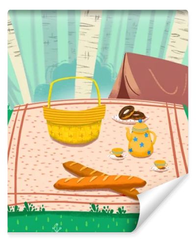 close up view of picnic mat with food illustration