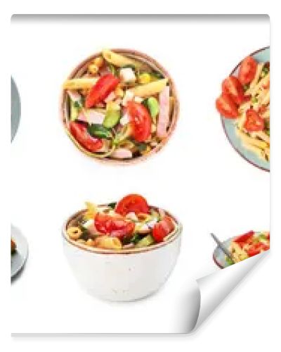 Collage of tasty pasta salads on white background