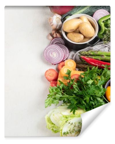 Healthy food clean eating selection: fruit, vegetable, seeds, superfood, cereal, leaf vegetable on a white background. Top view.