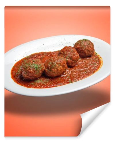 Floating White plate with Beef meats balls and tomato sausage on orange gradient background