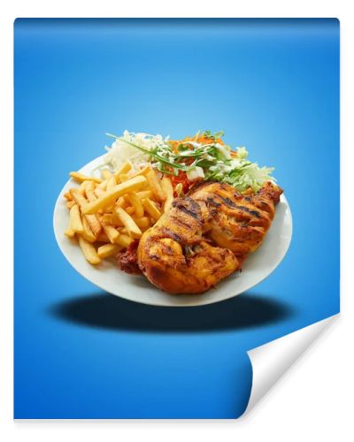 Floating of Piri Piri Chicken on white plate on blue gradient background