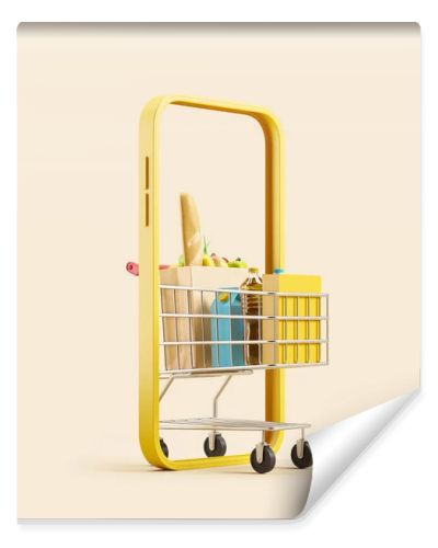 Smartphone and shopping cart with products in paper bag, light beige background. Concept of delivery and online order. 3D rendering