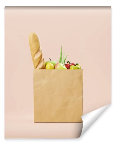 Grocery bag with food, paper bag with vegetarian products on beige background. Concept of delivery and eco. 3D rendering