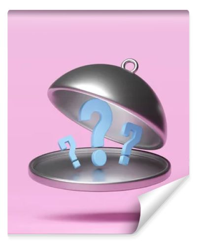silver plate with food cover, spoon, fork, question mark isolated on pink background. eat what concept, 3d render illustration