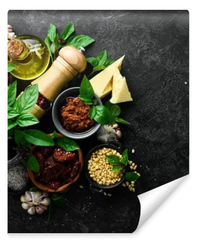 Preparation of Pesto Rosso sauce with tomatoes. Ingredients: Tomatoes, Basil, pine nuts, Parmesan and olive oil. On a concrete background.
