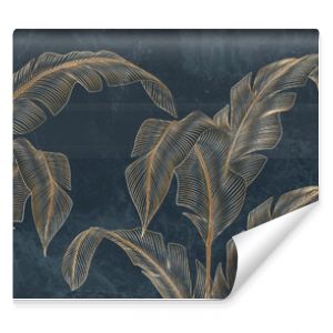 Abstract luxury art background with tropical palm leaves in blue and green colors with golden art line style. Botanical banner with exotic plants for wallpaper design, decor, print, textile