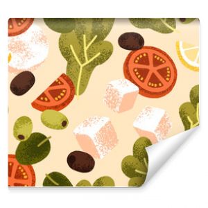 Seamless vegetable salad pattern. Fresh lettuce, olive, tomato and feta. Mediterranean cuisine, endless background, repeating print. Healthy ingredients, Italian kitchen. Flat vector illustration