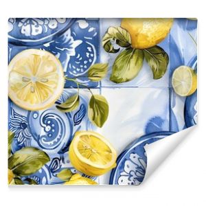 A seamless pattern of lemons and blue and white tiles. The lemons are yellow and have green leaves. The tiles are blue and white and have a floral design.