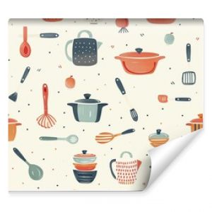 A detailed drawing of a toy kitchen set, with pots, pans, and utensils, inviting children to explore the joys of cooking and pretend play. Minimal pattern banner wallpaper, simple background,