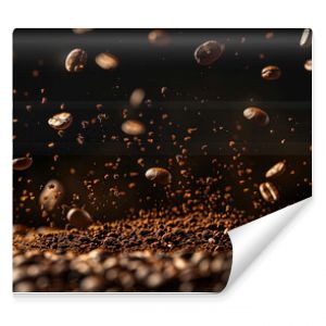 flying coffee beans in dark background