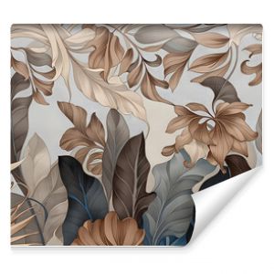 Wallpaper with brown and gold leaves. Light gray marble background. Photo wallpaper in a modern style.