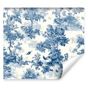 Toile pattern with tree. toile de jouy seamless pattern. Blue and white toile pattern with a watercolor effect. perfect for wallpaper or fabric design. Tile pattern