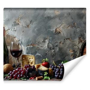 Rustic still life with wine, cheese, grapes, and assorted fruits displayed on a wooden table against a textured wall.