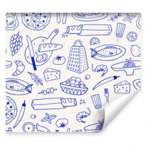 Mediterranean Cuisine Seamless Pattern. Hand Drawn Food Background for Menu design.