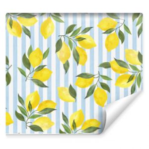 Lemon summer pattern on blue stripes background