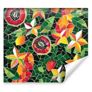 A colorful mosaic pattern of tropical fruits like guava, starfruit, and papaya, arranged in a dynamic, repeating design on a dark green background