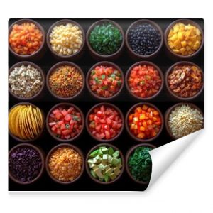 colorful spices, legumes, and foods in small bowls on a black surface