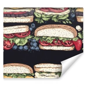 Seamless hand drawn pattern of sandwich borders featuring various ingredients perfect for culinary design and packaging